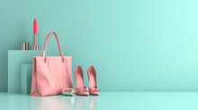 Fashion Accessories Bag, High Heels, Lipstick In Bag Shopping On Pastel Blue Background. 3d Rendering   