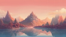Beautiful Fantasy Landscape Background Illustration With Lake,mountain View, Sky And Trees