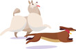 Animated dogs playing, brown dog lying down with red collar, beige dog standing over with tongue out. Two playful pet dogs in action, cartoon style canine friends, joyful and active.