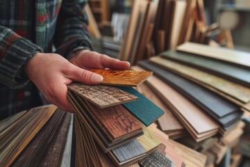 Wall Mural - Man selecting laminate wood samples in a hardware store