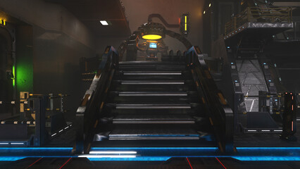 Wall Mural - stairway leading to a control platform with computer monitor in a futuristic sci-fi space station. 3