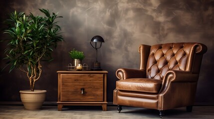 masculine brutal interior in dark colors with brown leather furniture