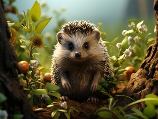 Cute hedgehog in the forest on a background of autumn leaves