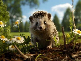 Cute hedgehog in the forest on a background of autumn leaves