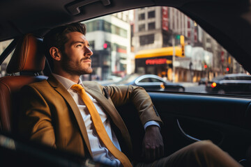 businessman wearing a suit in the back of a limousine drives down the city streets while looking out