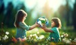 Two cute kid girls holding 3D planet in hands against green spring background. Earth day holiday concept.