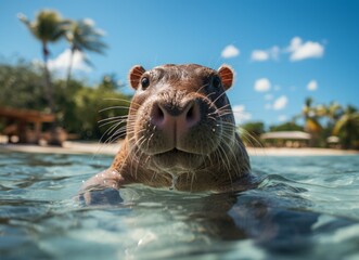 Wall Mural - Portrait of a hippopotamuss swimming in tropical sea