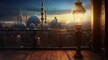 Ramadan Decoration With Arabic Lantern And Mosque In The Night. Seamless Looping Video Animation Background