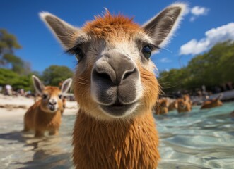 Wall Mural - Portrait of alpaca swimming in tropical sea