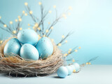 Fototapeta Londyn - Nest Filled With Blue Eggs on Table