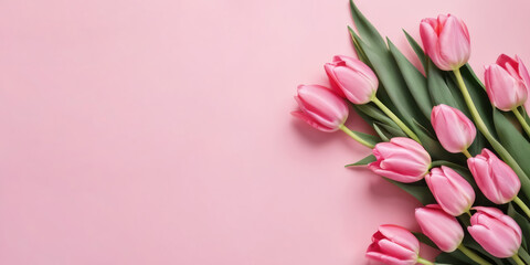 Wall Mural - bouquet of pink tulips on a pink background. mother s day. valentine's day.