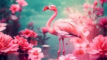 Flamingo And Tropical Nature Flower Abstract Background. Generative Ai.