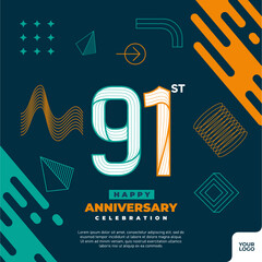 91st anniversary celebration logotype with colorful abstract geometric shape y2k background.