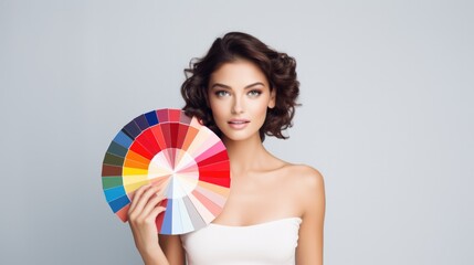 Poster - A young female designer holds a palette of colours and shades on a white background 