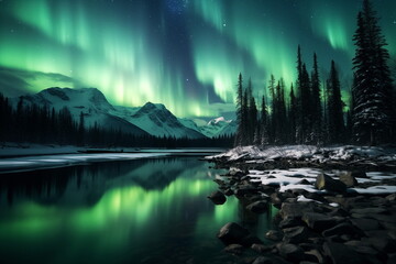 Hyper Realistic painting of aurora in the Night sky with polar lights. Night winter landscape with aurora and reflection on the water surface. stunning natural background photo. Generated AI.