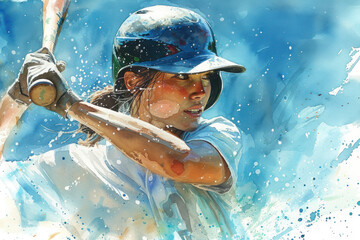 Wall Mural - Baseball player in action, woman blue watercolor with copy space