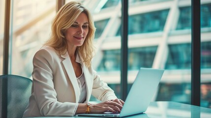 Poster - Smiling busy mature middle aged professional business woman manager executive wearing suit looking at laptop computer technology in office working on digital project sitting at desk