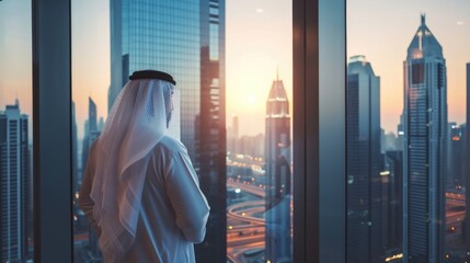 Wall Mural - Successful Muslim Businessman in Traditional White Kandura Standing in His Modern Office Looking out of the Window on Big City with Skyscrapers. Successful Saudi, Emirati, Arab Businessman Concept.