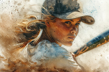 Wall Mural - Baseball player in action, woman brown watercolour with copy space