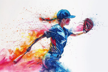 Wall Mural - Baseball player in action, woman colourful watercolour with copy space