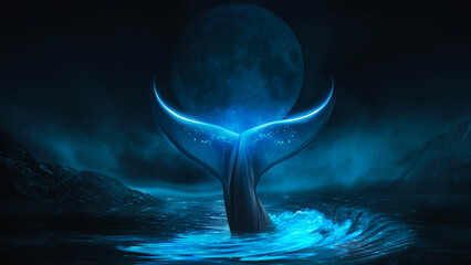 Wall Mural - Fantasy night landscape with big moon, whale tail, blue neon. 3D illustration