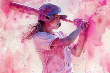 Baseball player in action, woman pink watercolour with copy space