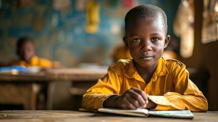 Portrait of african boy at desk in classroom. Pupil at lesson. Education in elementary school.