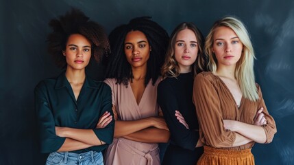 Poster - Style and confidence. Diverse group of empowered women standing together against a studio background. Self-confident female friends standing in a studio.