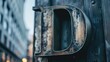 A metal capital letter D on a huge building in the center of town . The first letter of the name, an abbreviation 