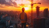 Fototapeta  - The worker on the construction site is looking sunset in the city