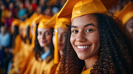 Wall Mural - A radiant young woman in graduation attire smiling proudly during her commencement 