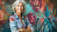 Serene Mature Woman In A Paint-splattered Denim Shirt, Poised In Front Of A Floral Graffiti