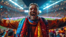 Exuberant Male Soccer Fan With A Colorful Scarf Laughing And Celebrating During A Match In A Packed Stadium.