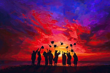 Wall Mural - A photo capturing a high-angle view of multiple graduation caps mid-air, with an impressive modern university