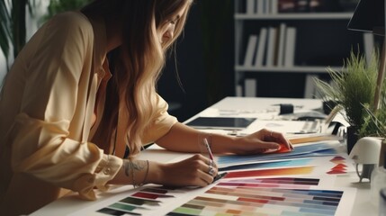 Wall Mural - young beautiful ambitious businesswoman graphic designer working in office.