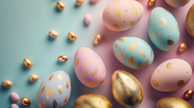Easter festival social media background design with copy-space for text. Pastel pink, blue and gold easter eggs on blended blue and pink background.