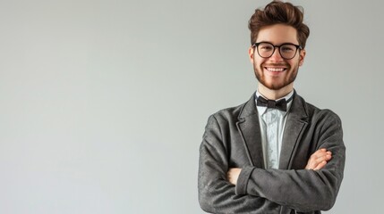 Poster - Good-looking middle-aged businessman on grey suit and bow tie with  with arms crossed isolated in white background.