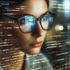 close up image of computer programming code reflecting on developer woman's glasses.