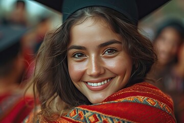 Wall Mural - A radiant young woman in graduation attire smiling proudly during her commencement ceremony outdoors.