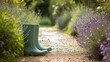 Green Rubber Wellington Boots in the Garden Trail Surrounded by Lavender. Gardening Idea.

