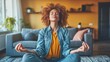 © Ilja - Meditating young woman at home for mental health, stress relief, and fitness workout in living room