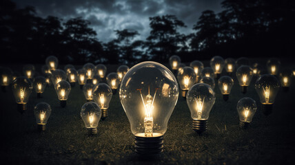 Wall Mural - Glowing light bulbs on grass on dark background. Alternative energy concept