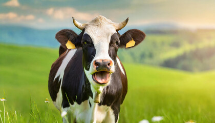 Banner shot of happy cow with open mouth in the green meadow