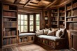 A rustic reading nook with a cozy window seat, built-in bookshelves, and soft cushions, allowing bookworms to escape into literary worlds in a snug and inviting corner.