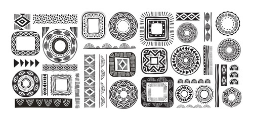 Wall Mural - African pattern elements, symbols, icons. Black and white tribal, Aztec, African, Indian hand drawn lines, elements, circles. Concept illustrations collection