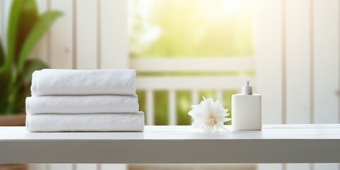 Wall Mural - White wooden table with towels on blurred bathroom background to display products.