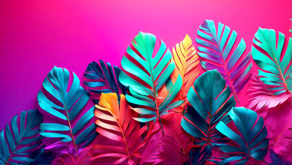 Tropical palm leaves in vibrant neon gradient, holographic colors. minimal art concept.