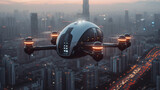 Fototapeta  - futuristic  roto passenger drone flying in the sky over city for future air transportation and robotaxi concept with copy space area