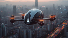 Futuristic  Roto Passenger Drone Flying In The Sky Over City For Future Air Transportation And Robotaxi Concept With Copy Space Area