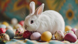 Fototapeta Dinusie - Easter festival social media background design with copy-space for text. Cute white rabbit is sitting at the center of the picture and surrounded by colorful easter eggs on blurred background.